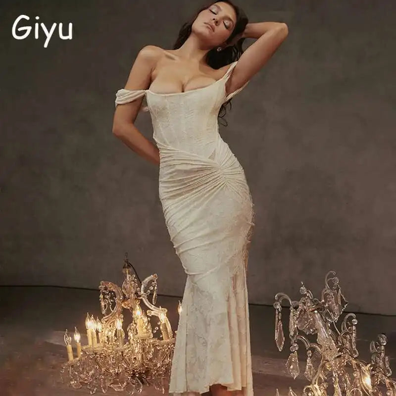 Giyu Sexy Lace Club Party Dresses Women 2024 Summer Elegant Sleeveless Backless Ruched Birthday Prom Mermaid Maxi Long Dress